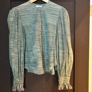 Ulla Johnson Green Striped Cotton Blouse Puff Sleeve Smocked Cuff Size S